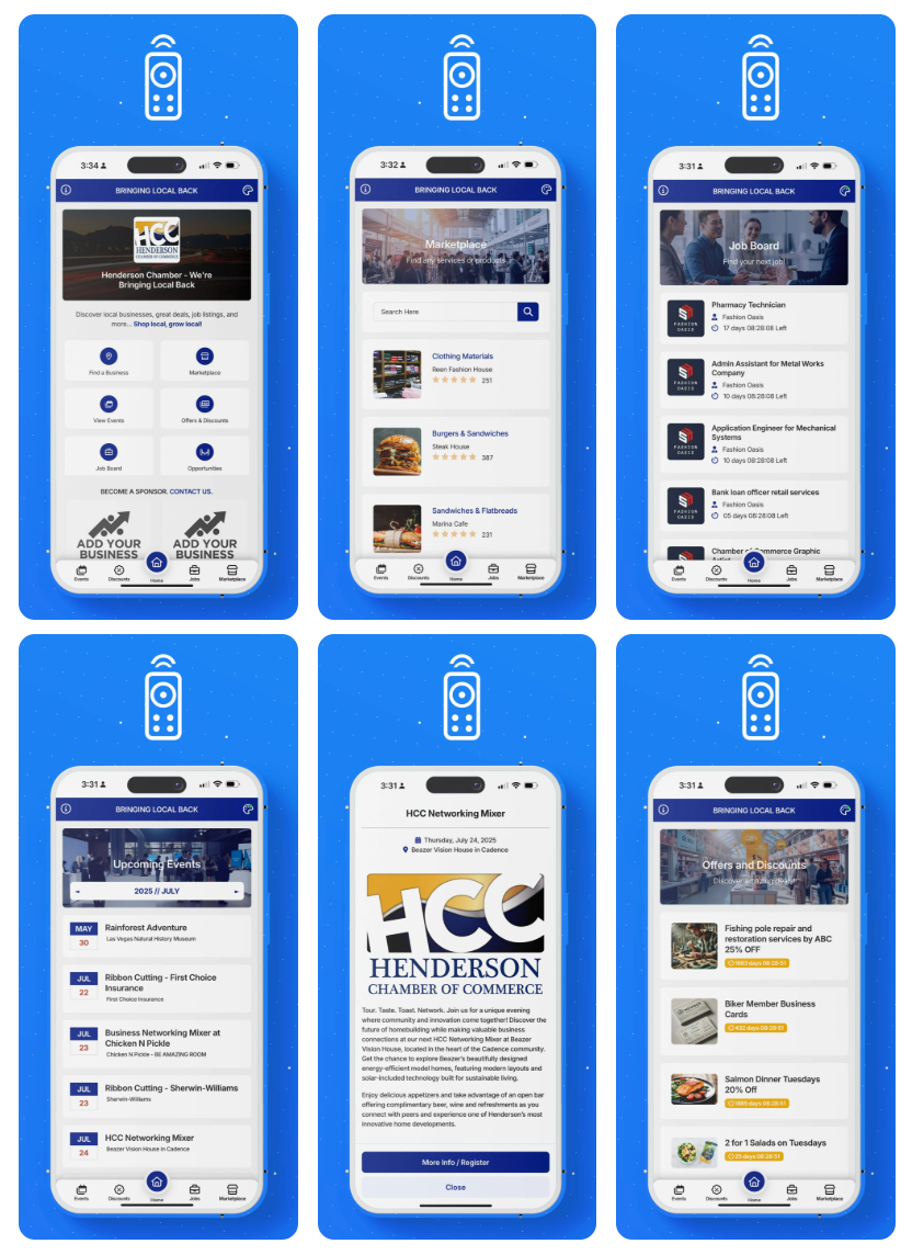 Screenshots of a mobile app, possibly a community or event guide, with blue and white color scheme.