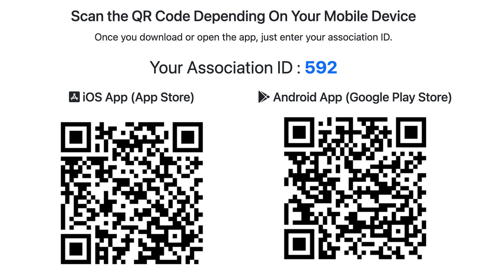 Instructions for downloading an app via QR codes for iOS and Android, association ID 592.