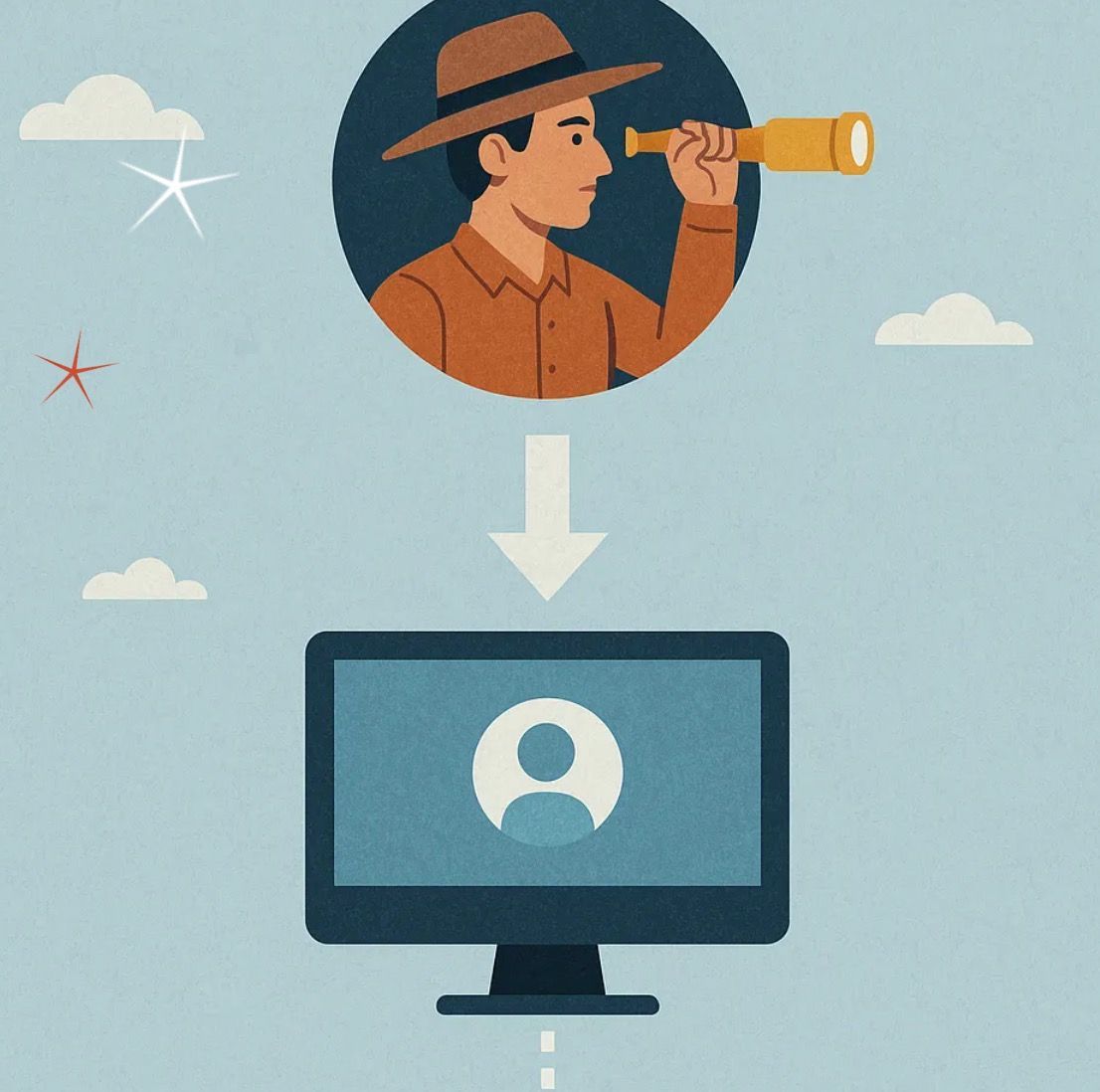 Person with a telescope above a computer screen displaying a user icon.