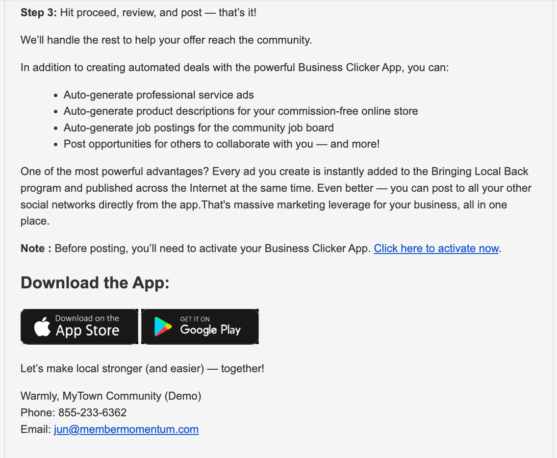Advertisement for an app with bullet points on how the app helps reach the community and app store download buttons.
