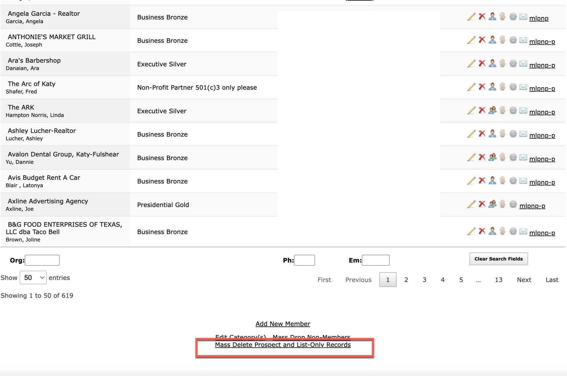 List of names with associated information and editing icons; 
