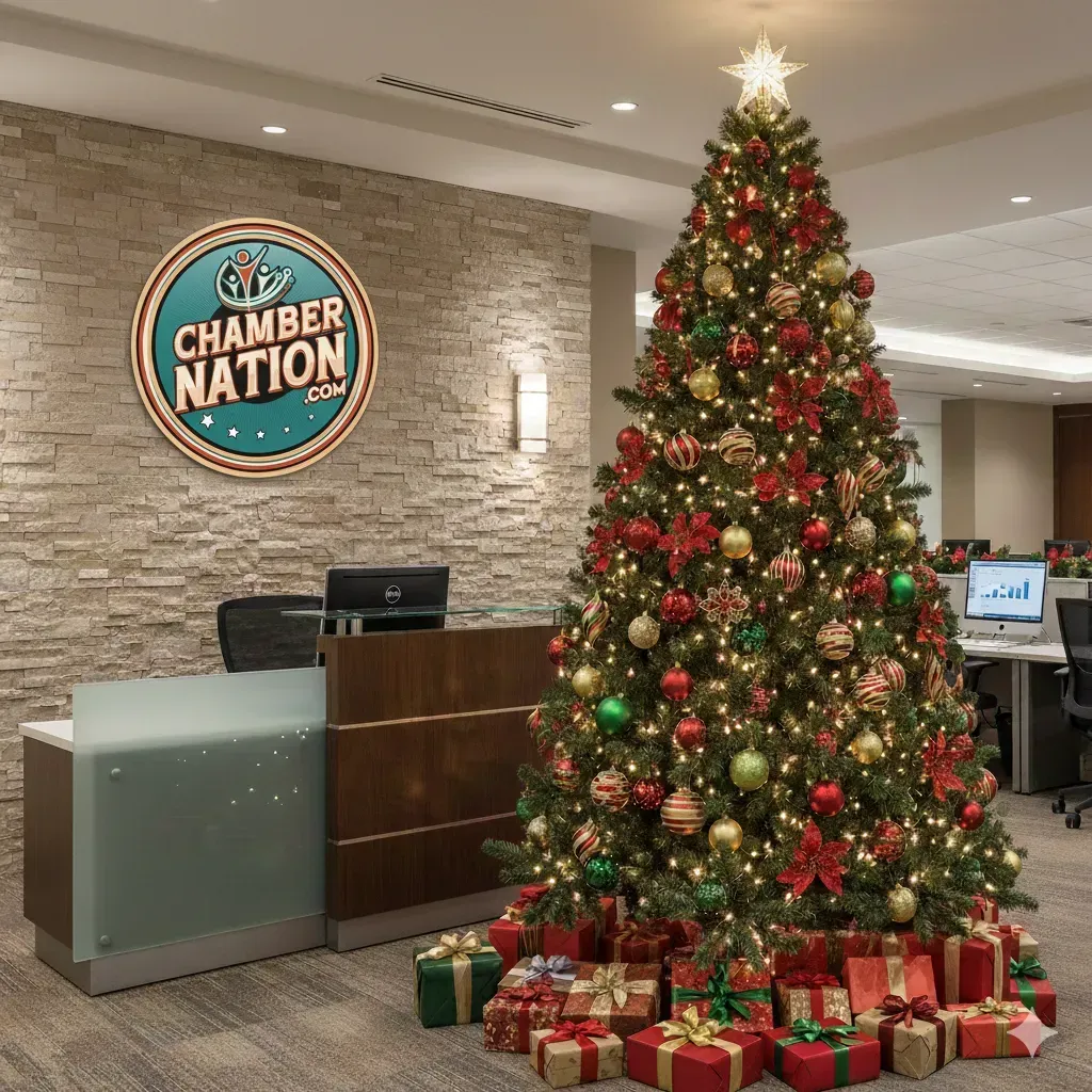 Office lobby with Christmas tree, gifts, and a