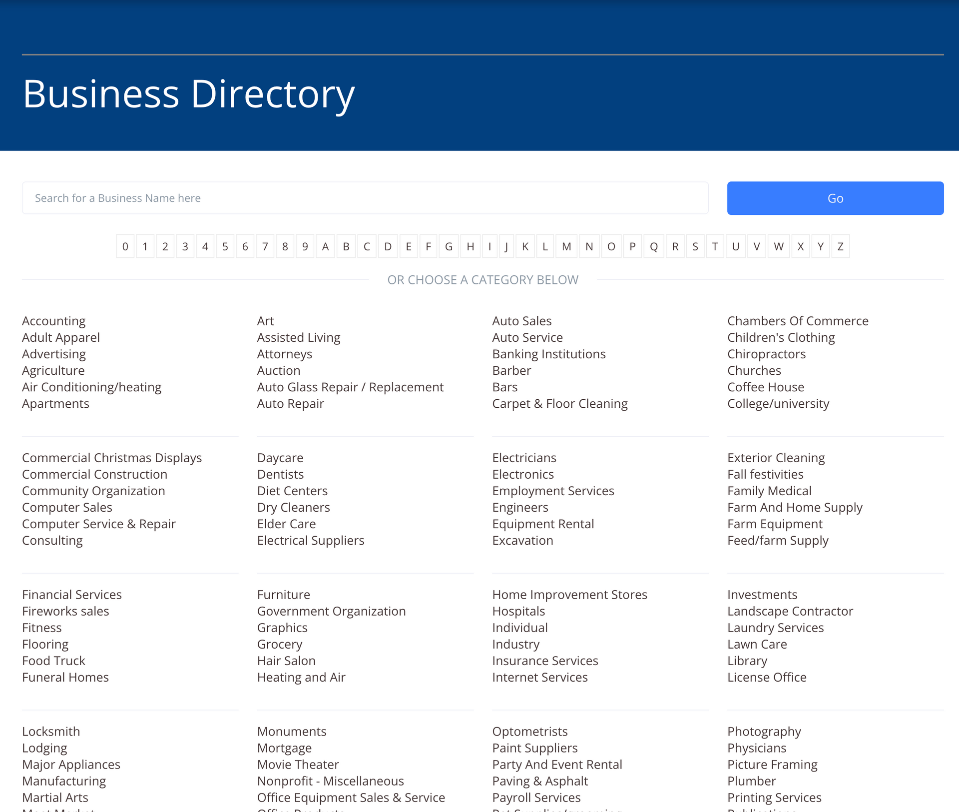 Business directory with alphabet navigation and listed company names.