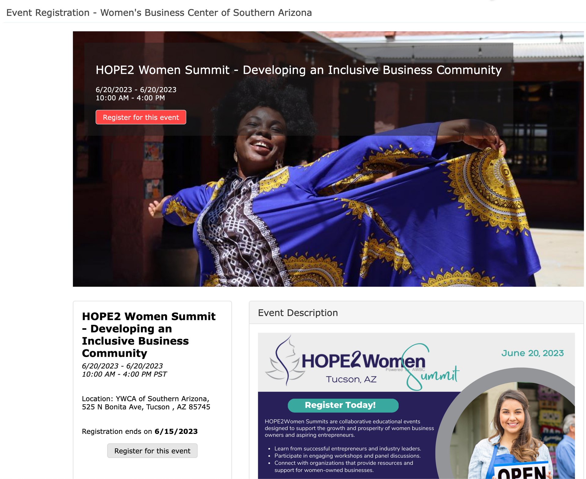 Promotional graphic for HOPE2 Women Summit: woman in blue dress with text 