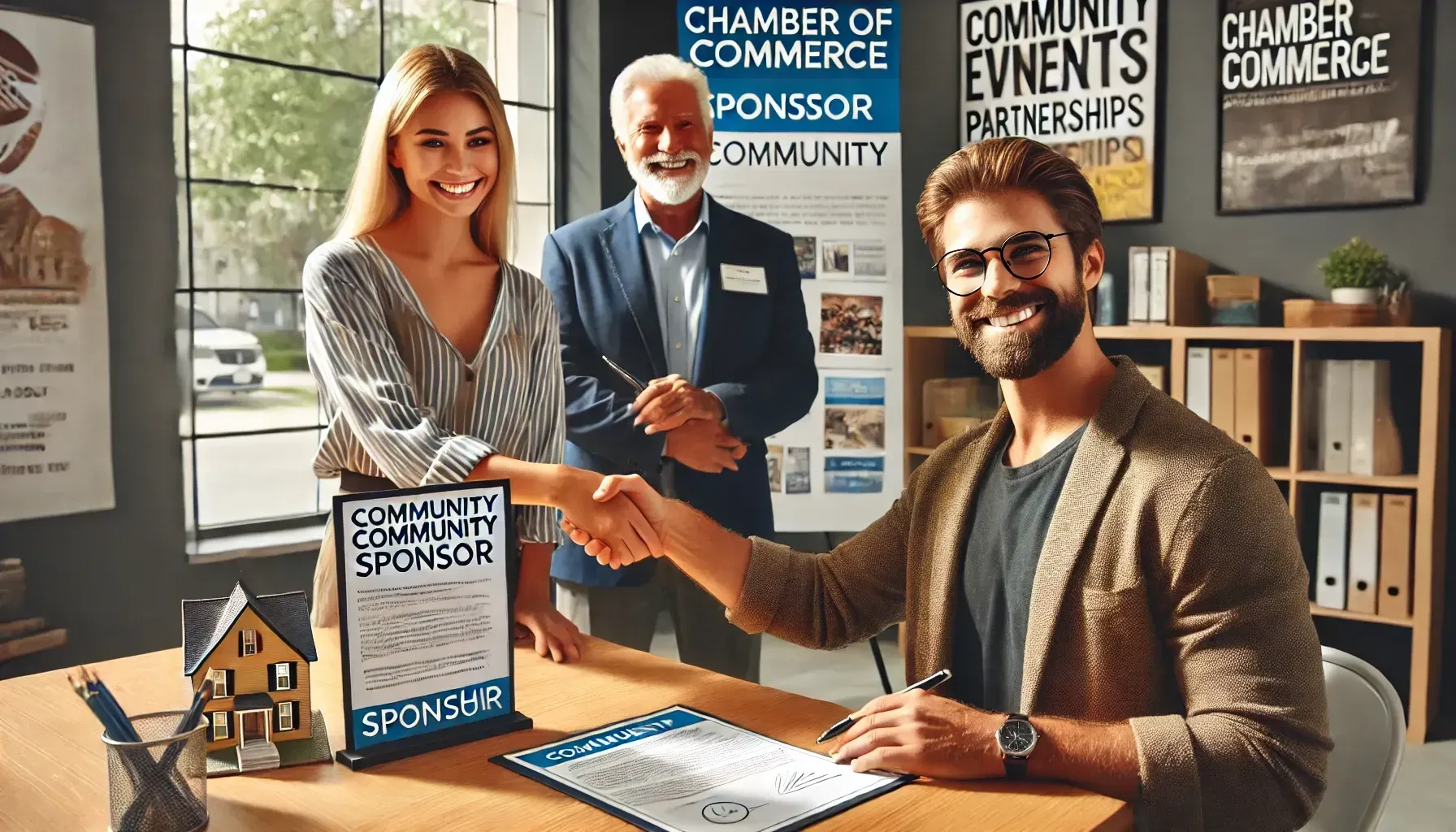 Three people shaking hands at a desk, with a signed document and a house model. Chamber of Commerce signage in the background.