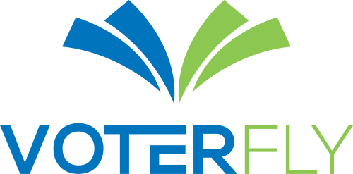 Logo for Voterfly, blue and green swooshes above the text