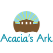 Logo for Acacia's Ark: Brown ark shape with blue and yellow sky, above teal text 