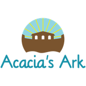 Logo for Acacia's Ark: Brown ark shape with blue and yellow sky, above teal text 