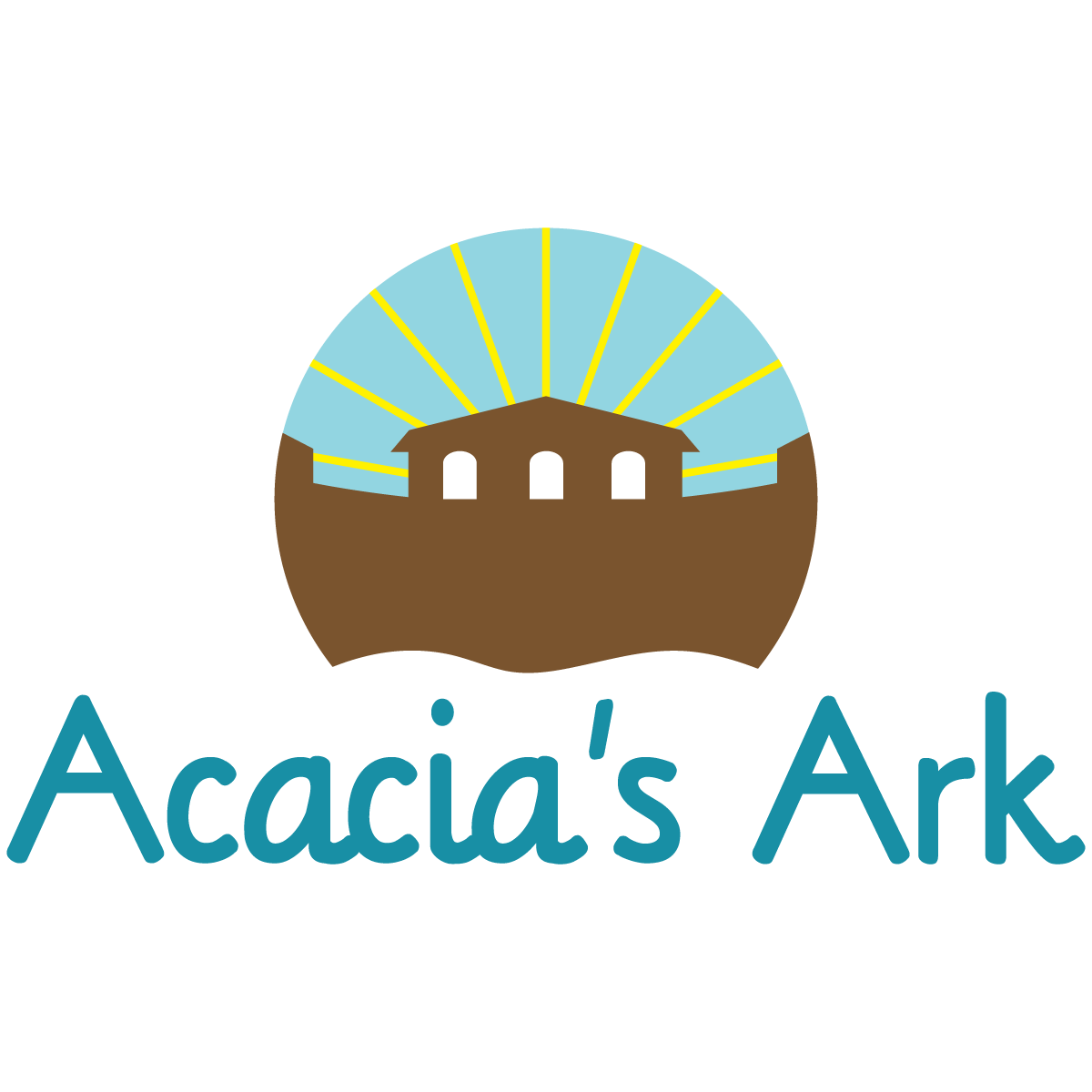 Logo for Acacia's Ark: Brown ark shape with blue and yellow sky, above teal text 