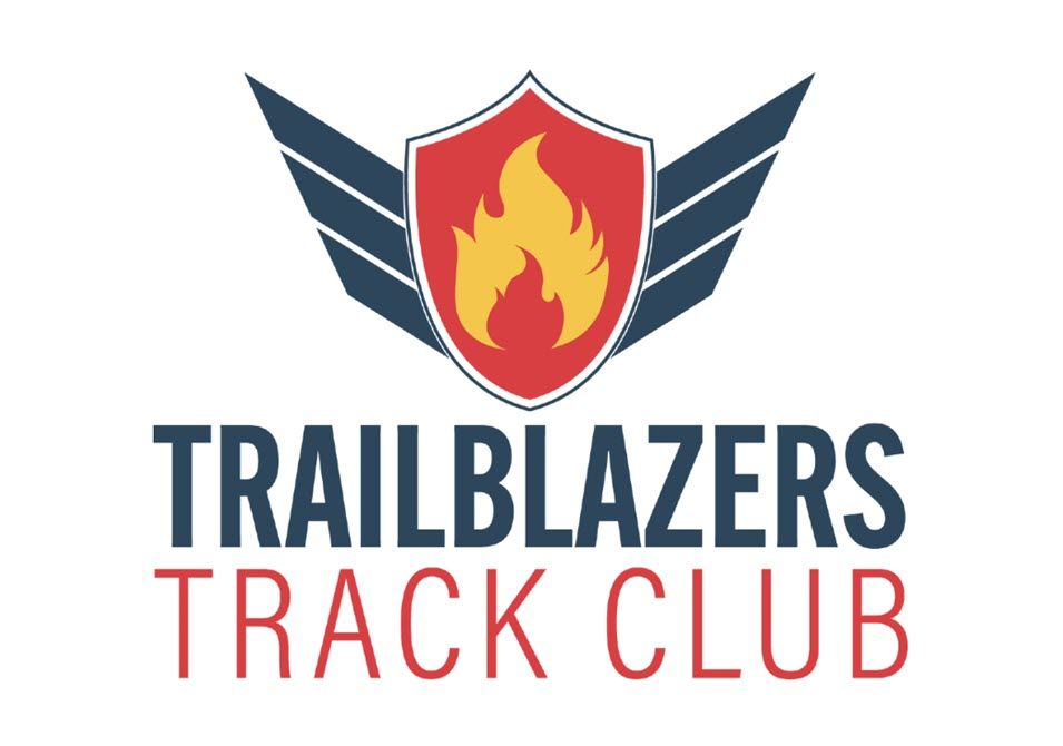 Logo for Trailblazers Track Club: red shield with flame, flanked by blue wings, above dark blue text.