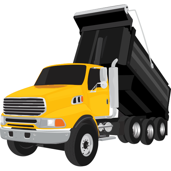 an orange dump truck with a black bed is on a white background .