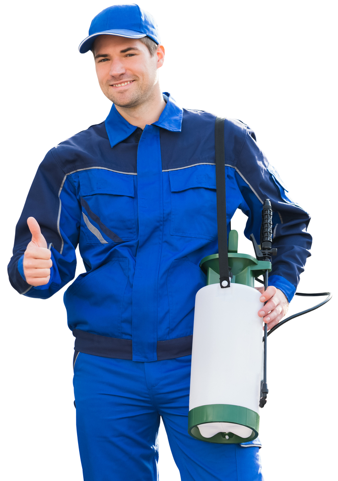 A man in a blue uniform is holding a sprayer and giving a thumbs up