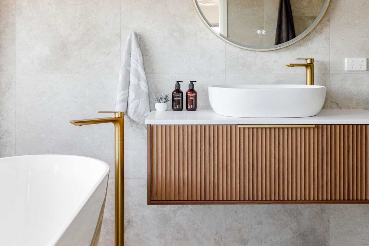 Modern Bathroom with Floating Wood Vanity — Complete Property Projects In Phillip, ACT