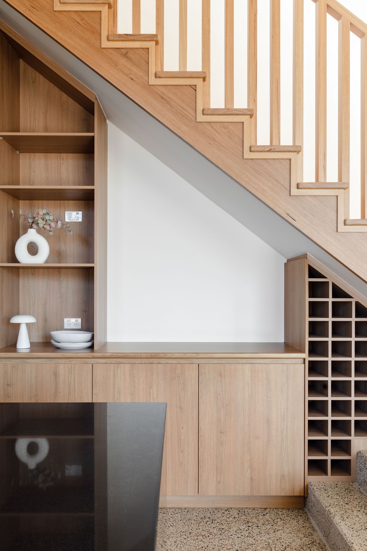 Built-In Wood Shelving and Staircase in A Modern Interior — Complete Property Projects In Phillip, ACT