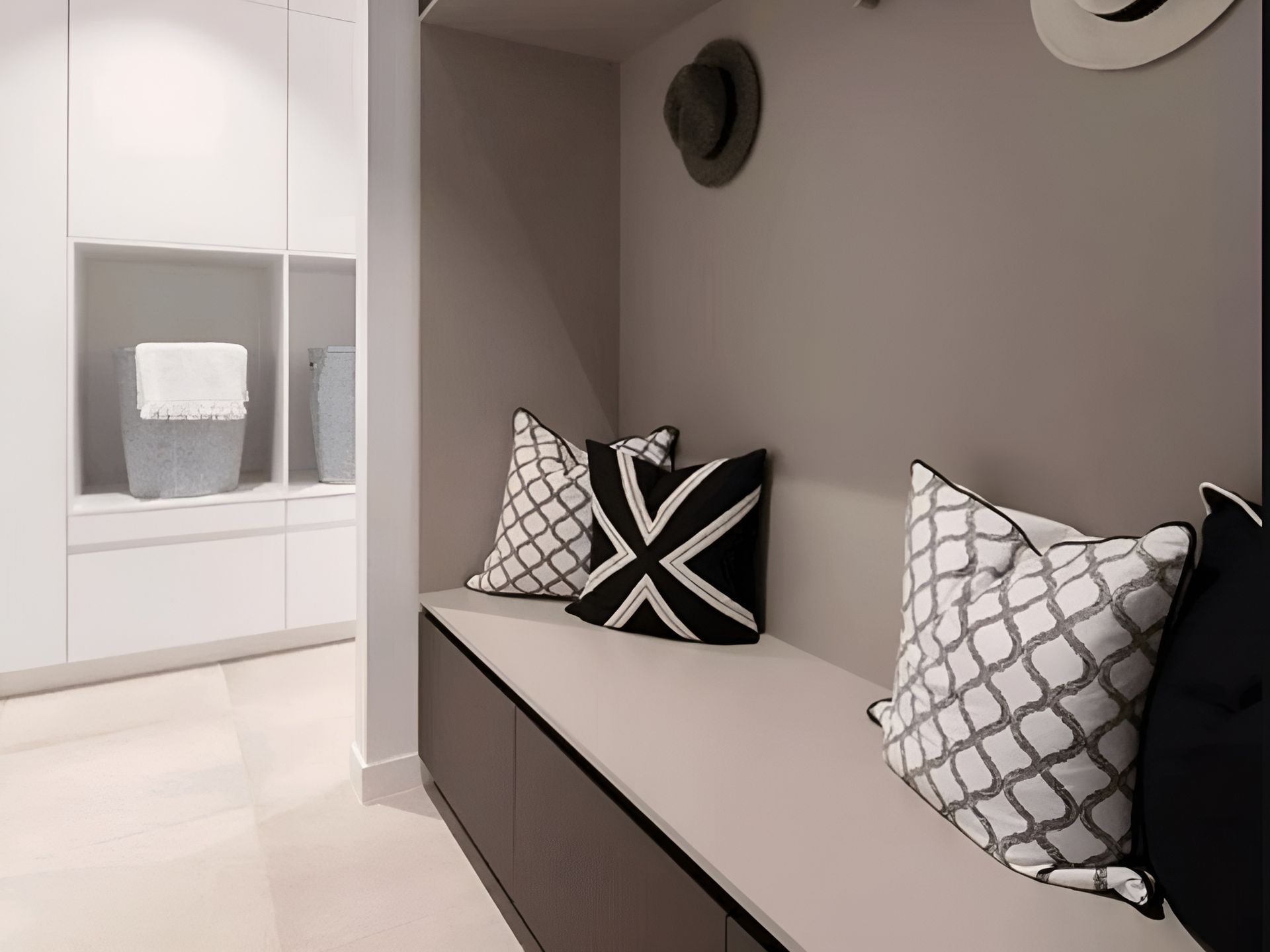 Modern Hallway Bench with Black-And-White Pillows — Complete Property Projects In Phillip, ACT
