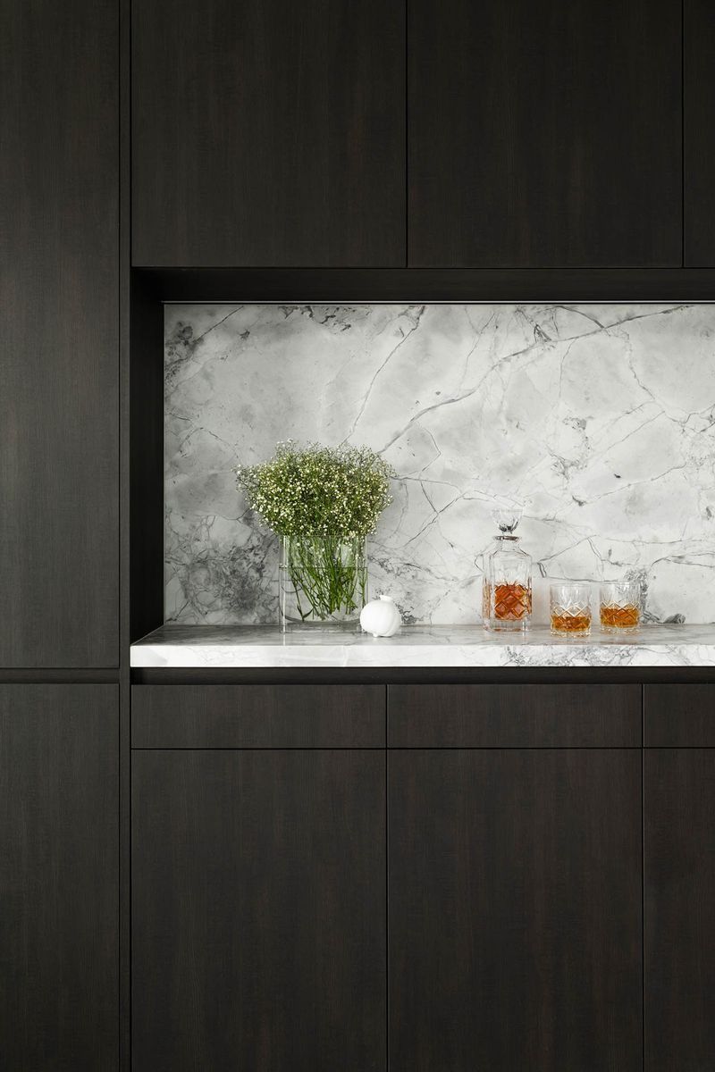 Modern Dark Wood Kitchen Shelf with Marble Backsplash — Complete Property Projects In Phillip, ACT