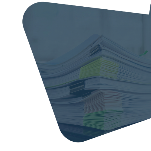 Stacks of documents organized with black binder clips, bathed in a soft, monochromatic green tint.