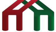 A red and green house logo on a white background.