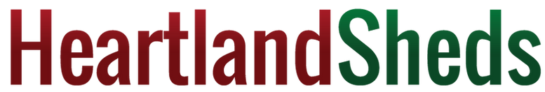 The logo for heartland sheds is red and green on a white background.