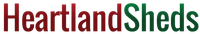 a red and green logo for heartland sheds