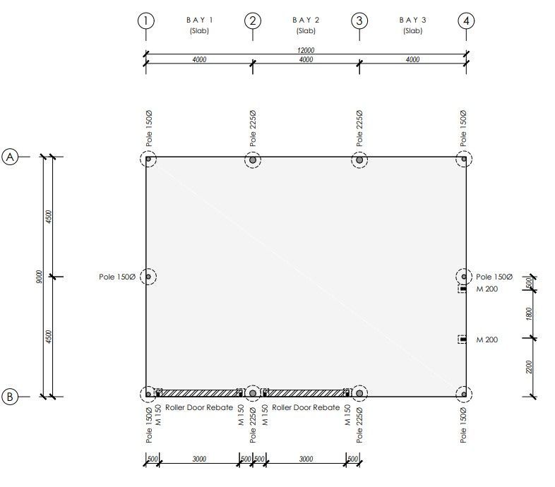 Top-down architectural plan of a rectangular structure, labeled with measurements and features like poles and doors.