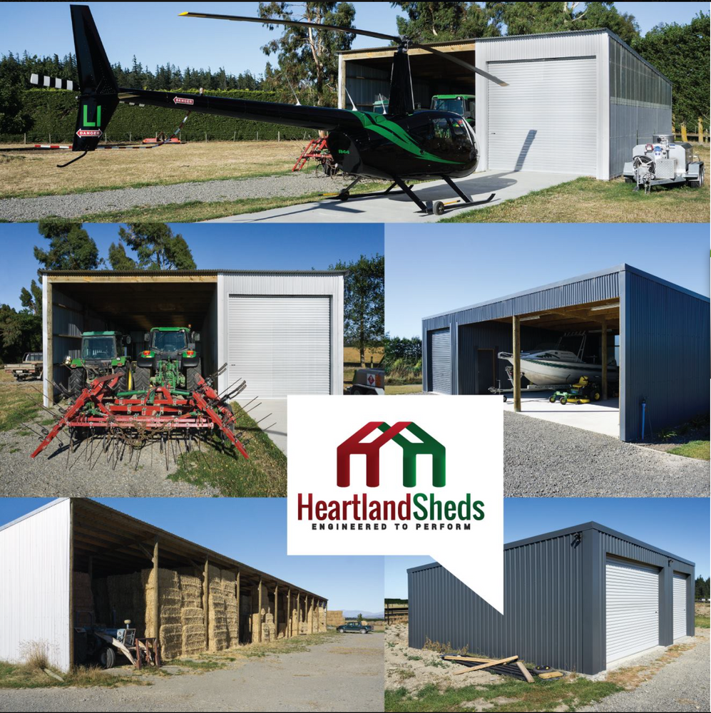 A picture of a helicopter in a shed with a heartland sheds logo