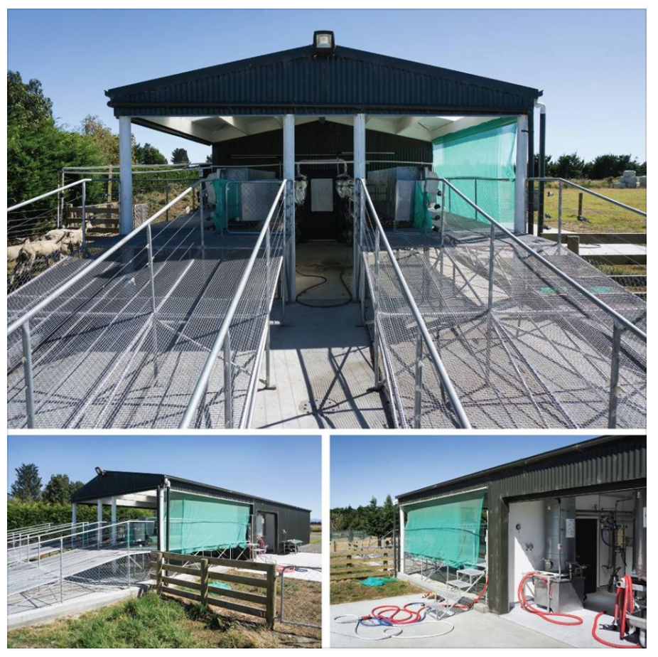 A collage of four pictures of a building with a ramp leading to it.