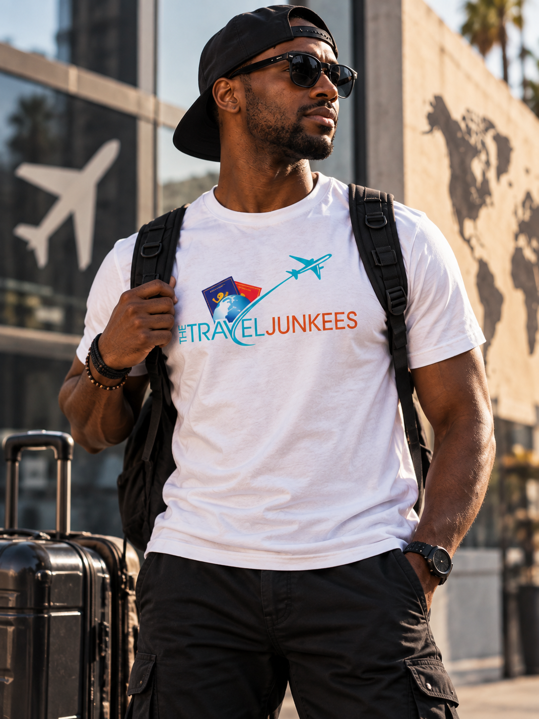 Man wearing sunglasses and a white graphic T-shirt, standing with a backpack near an airport terminal.