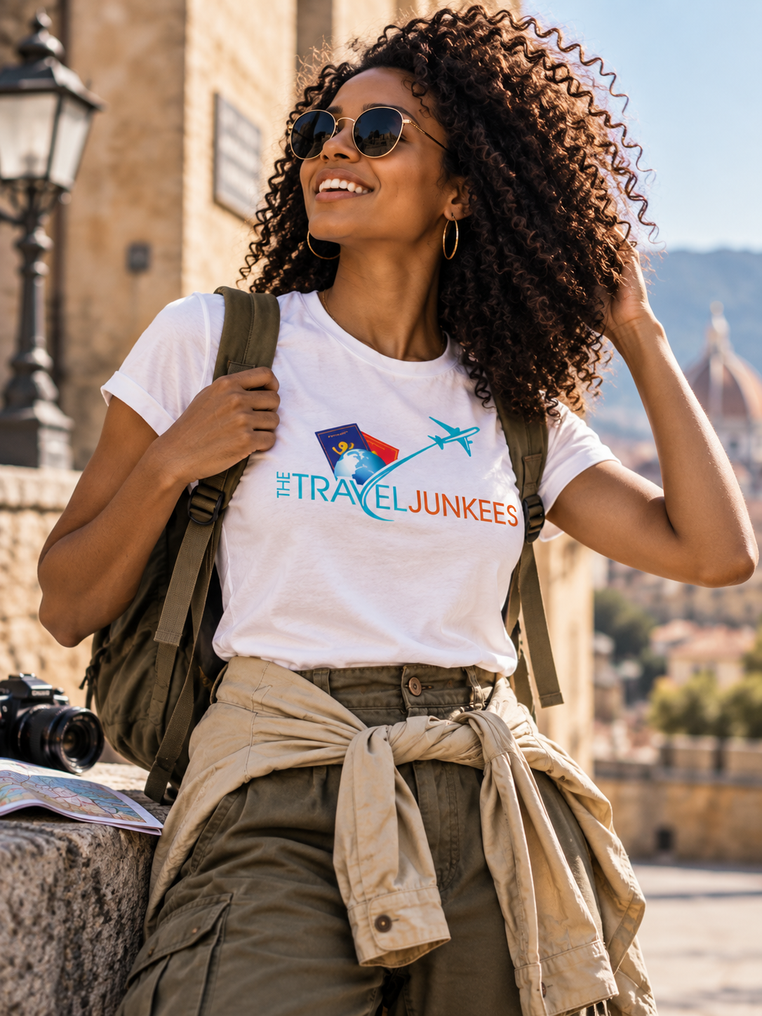 Woman in sunglasses smiling outdoors, wearing a white graphic T-shirt and tan jacket tied at the waist.