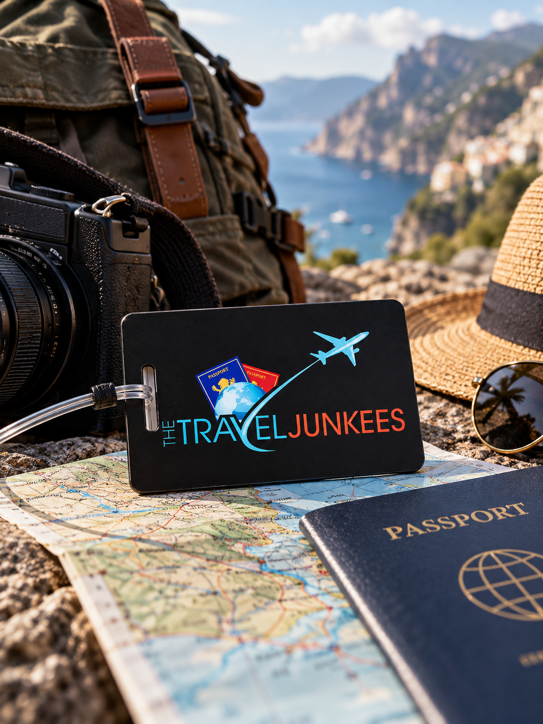 Travel gear on a map with a passport, camera, and coastal view in the background.