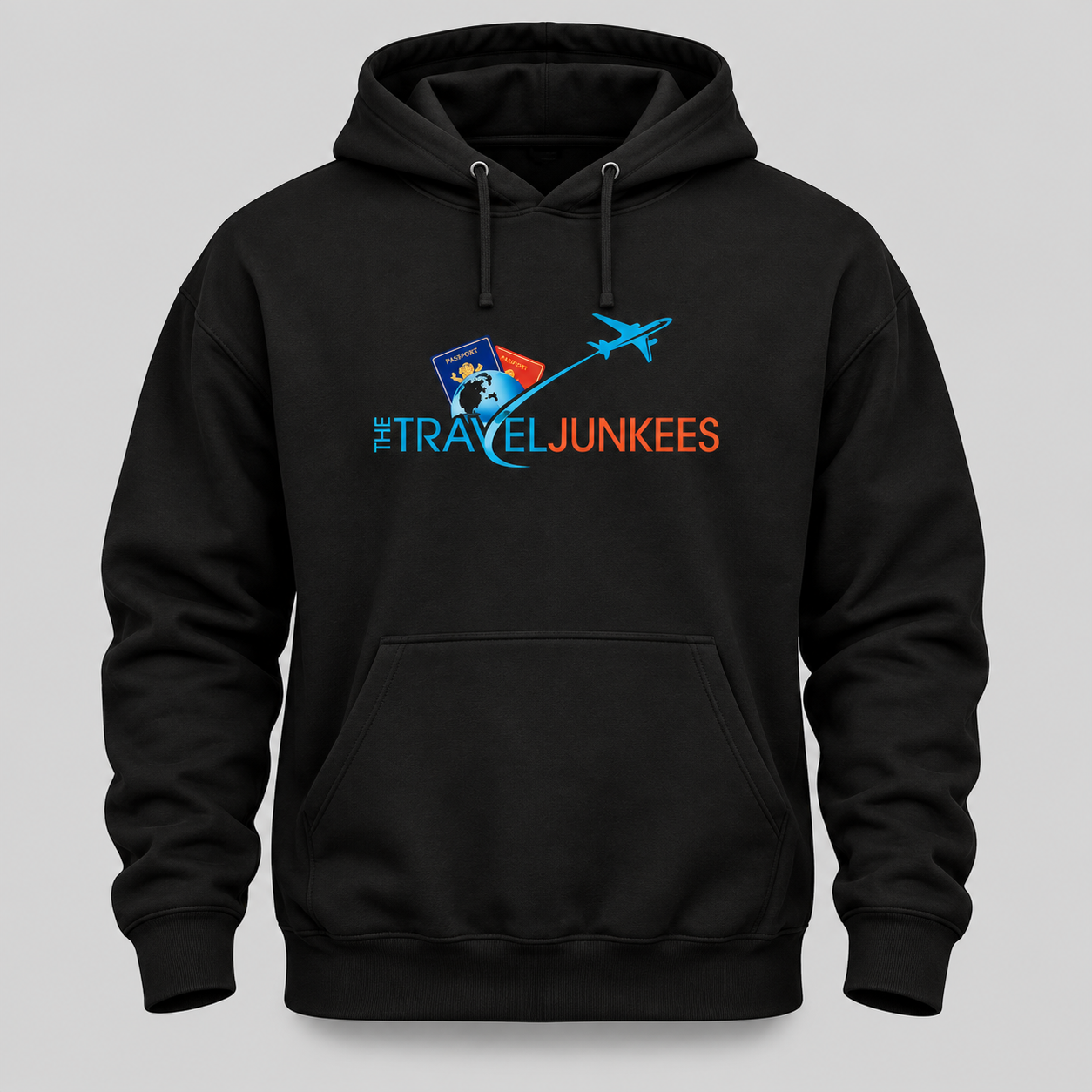 Black hoodie with a colorful “TRAVELJUNKEES” logo and airplane graphic on the chest