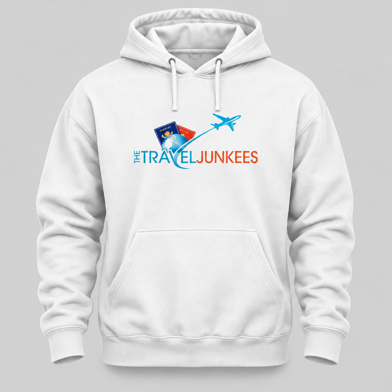 Black hoodie with a colorful “TRAVELJUNKEES” logo and airplane graphic on the chest