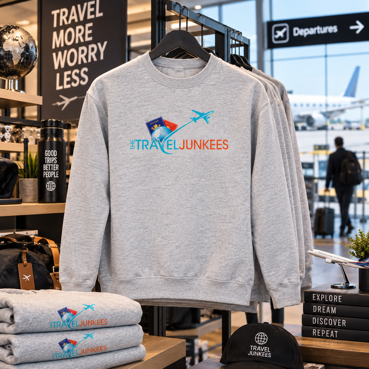 Gray sweatshirt with travel logo on display in an airport shop near departures sign.