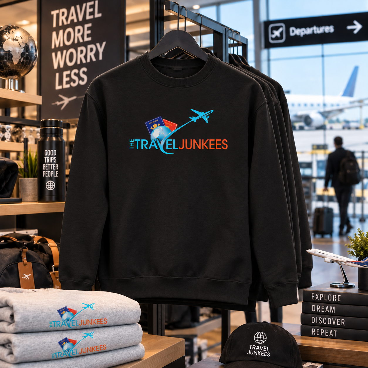 Gray sweatshirt with travel logo on display in an airport shop near departures sign.