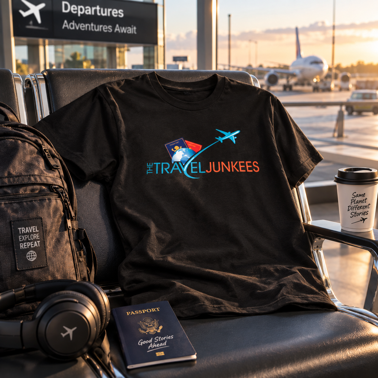 Travel gear on airport seat: black “Traveljunkies” T-shirt, backpack, headphones, passport, coffee cup, departure sign.