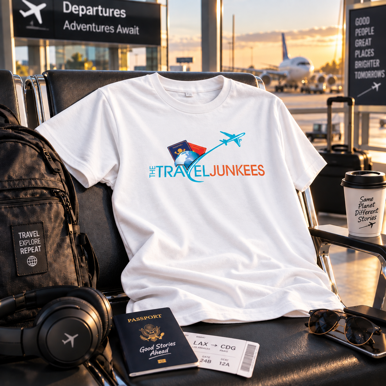 Travel gear on airport seat: black “Traveljunkies” T-shirt, backpack, headphones, passport, coffee cup, departure sign.