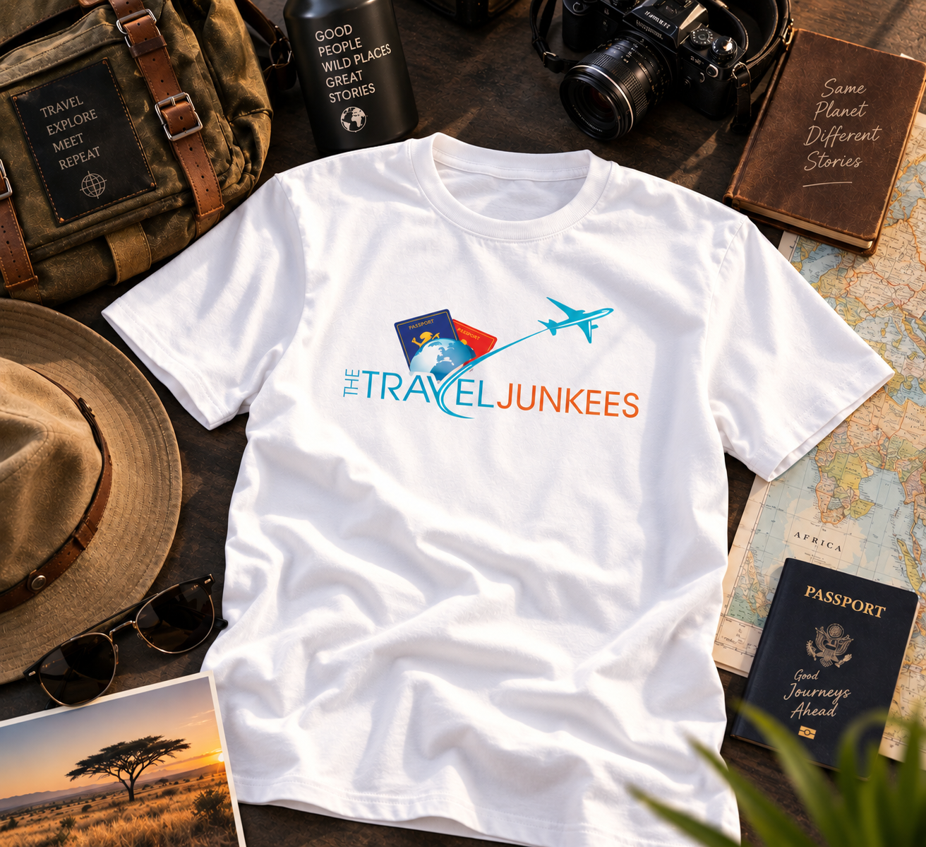 Black Travel Junkies T-shirt on a travel-themed flat lay with hat, passport, camera, and map