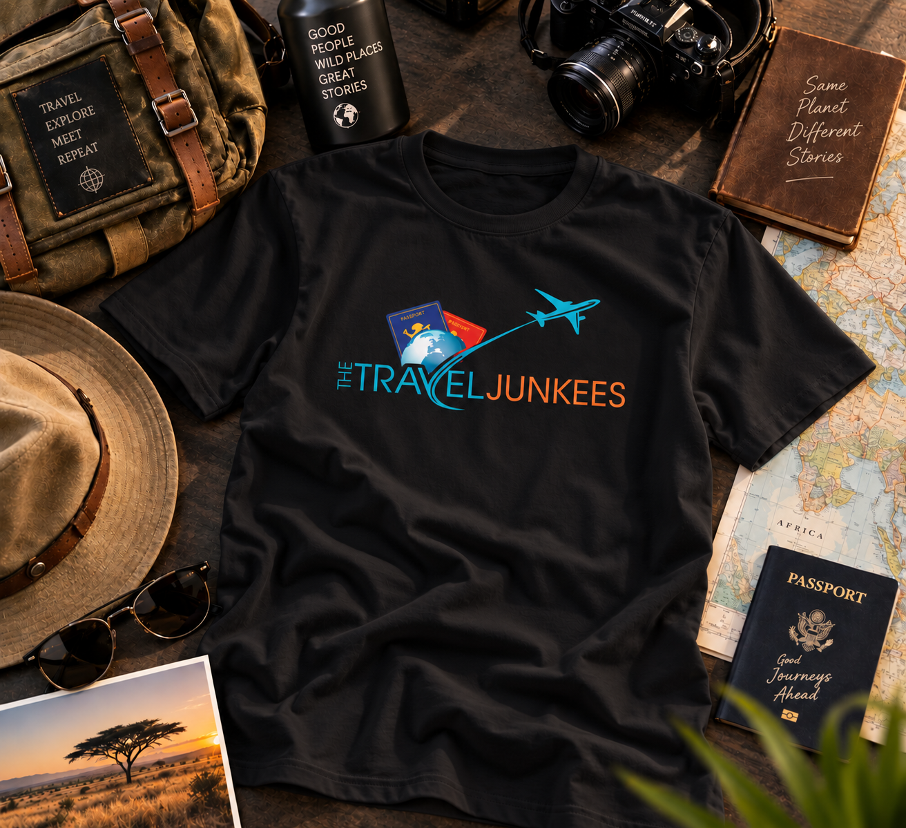Black Travel Junkies T-shirt on a travel-themed flat lay with hat, passport, camera, and map