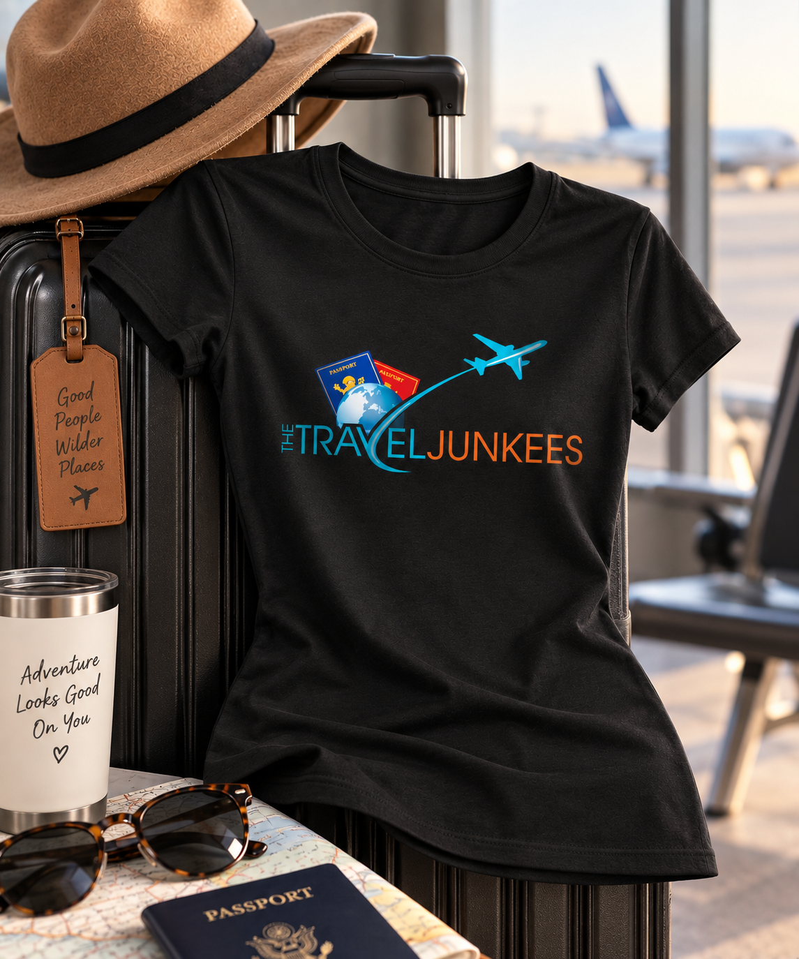 Black T-shirt with colorful bird logo and text draped on a suitcase next to a hat and drink by a window.