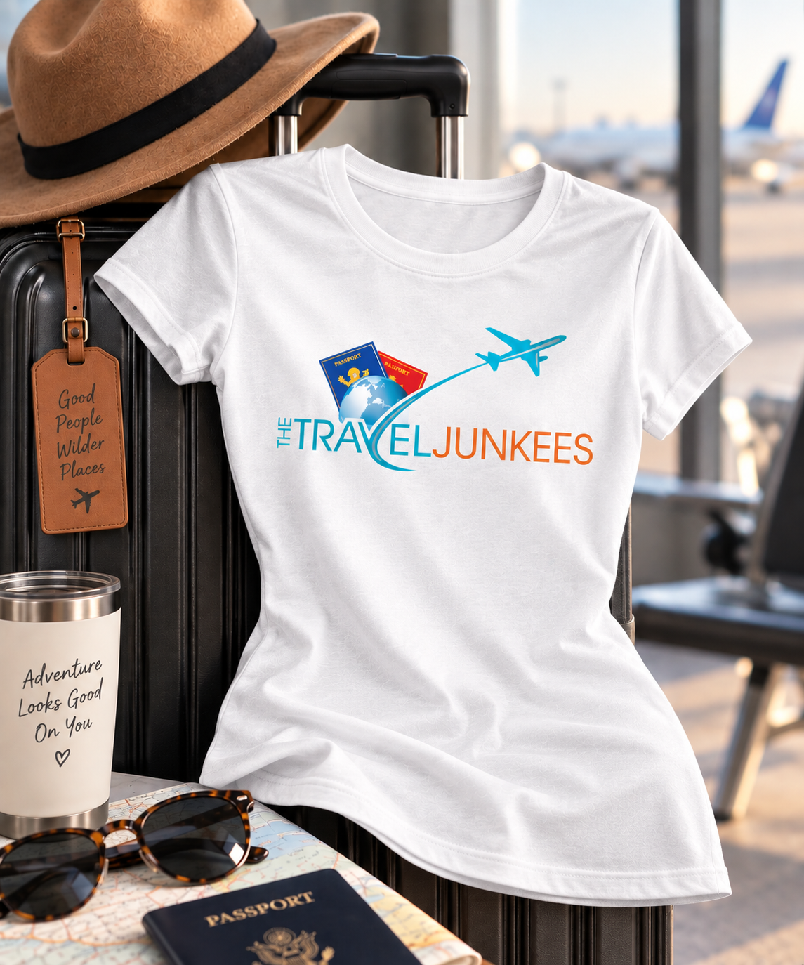 Black T-shirt with colorful bird logo and text draped on a suitcase next to a hat and drink by a window.
