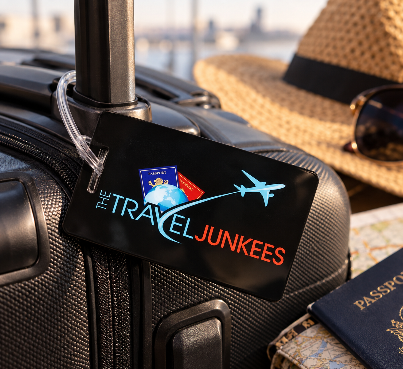 Luggage tag on a black suitcase beside a straw hat and passport, reading “#TRAVELJUNKIES”