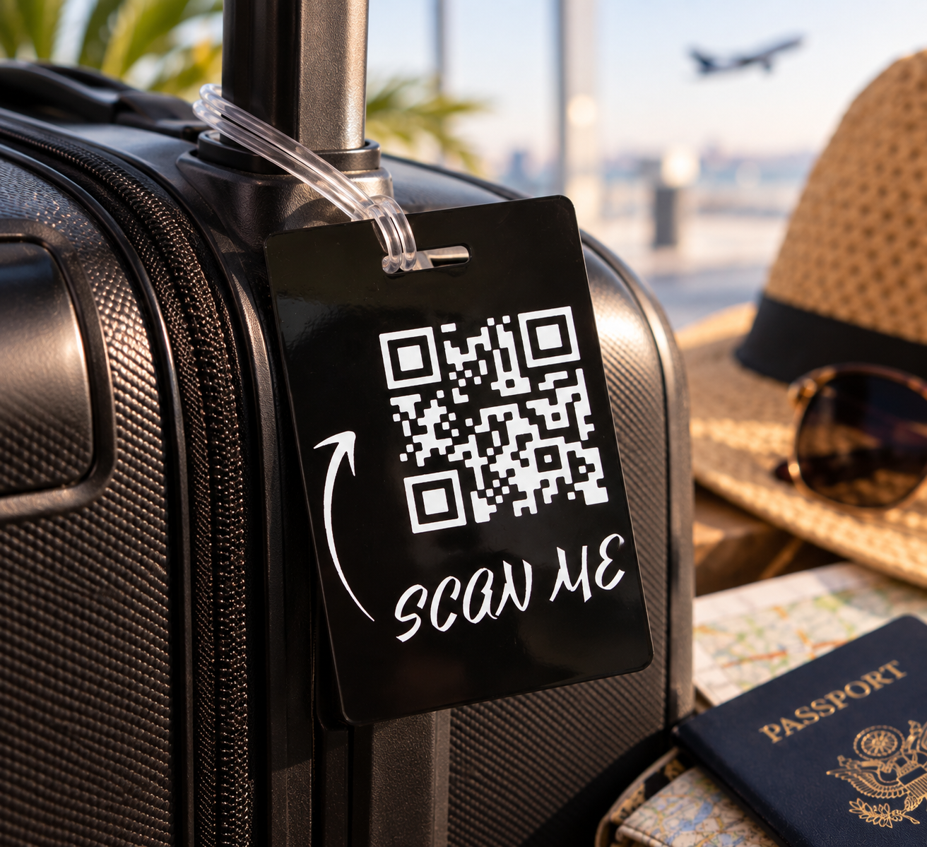 Luggage tag on a black suitcase beside a straw hat and passport, reading “#TRAVELJUNKIES”