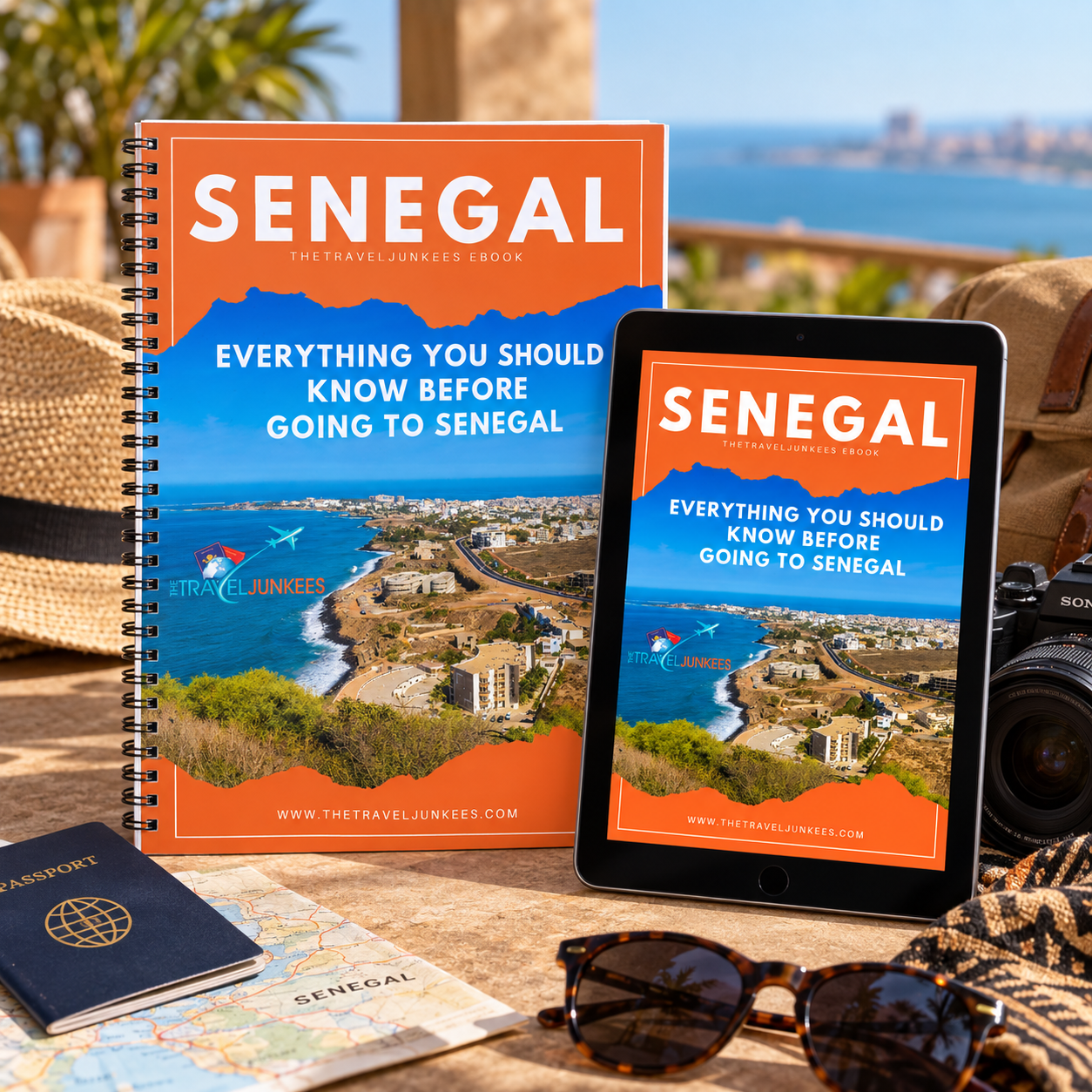 Senegal travel guidebook and tablet on a beach table with camera, passport, map, and sunglasses