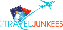 TravelJunkees logo with blue and red passports and a turquoise airplane flying above the text