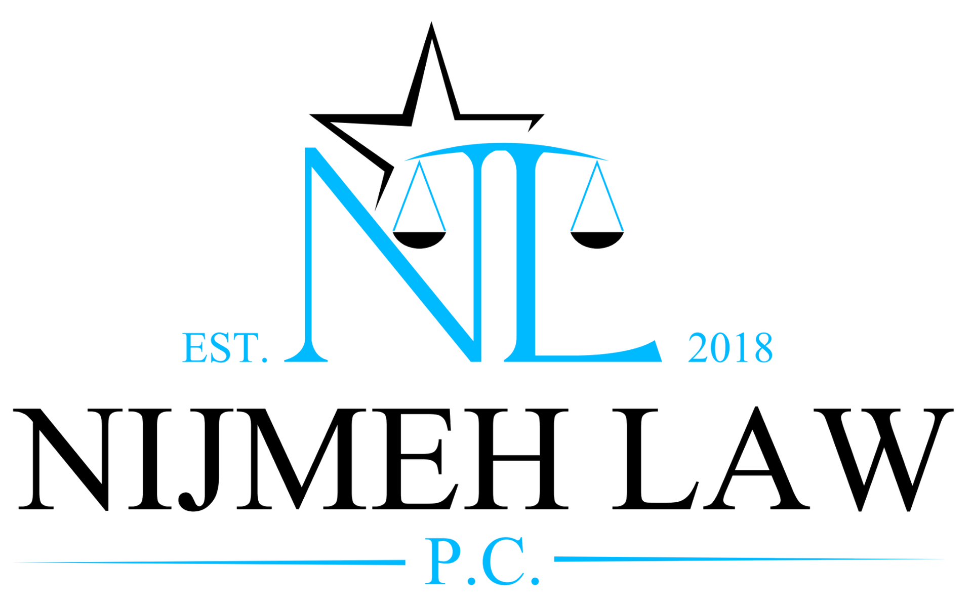 Logo for Nijmeh Law, P.C. featuring a blue star and scale icon above stylized blue letters N and L, established 2018.