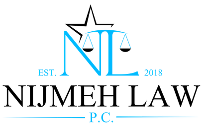 Logo for Nijmeh Law, P.C. featuring a blue star and scale icon above stylized blue letters N and L, established 2018.