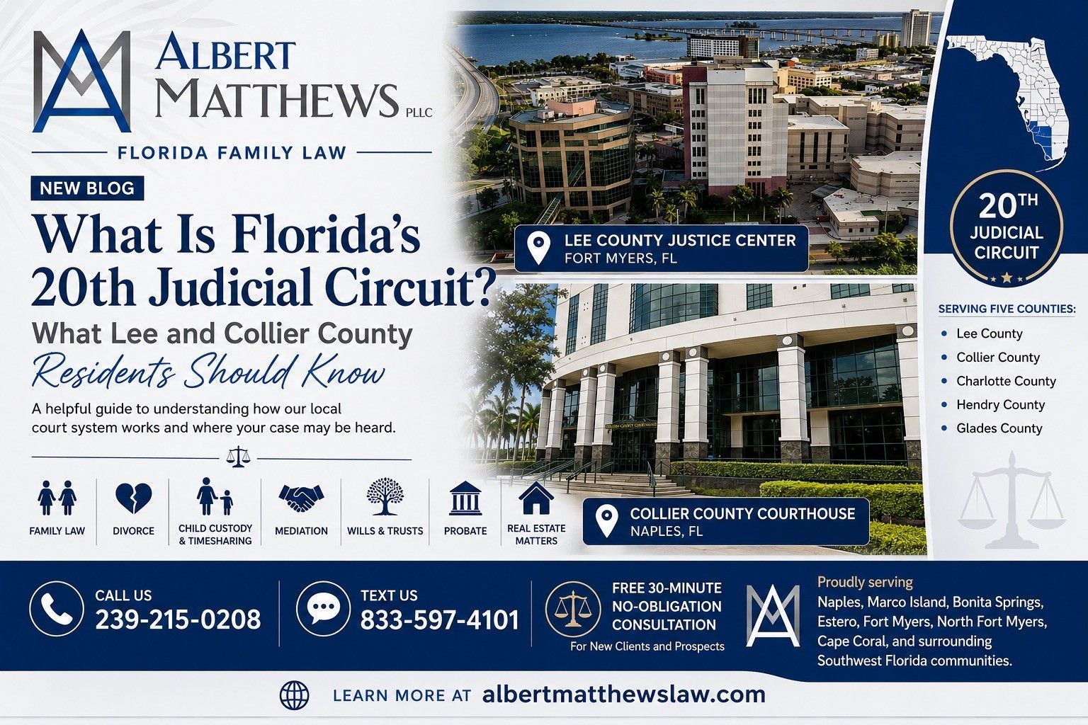 Alpert Matthews law firm ad on Naples, Florida’s 20th Judicial Circuit, with courthouse and waterfront images