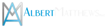 Albert Matthews logo in blue and gray with stylized overlapping letters on a white background