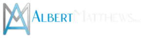 Albert Matthews logo in blue and gray with stylized overlapping letters on a white background