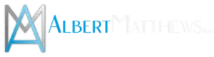 Albert Matthews logo in blue and gray with stylized overlapping letters on a white background
